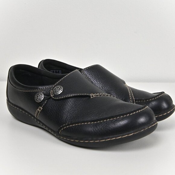 Clarks Collection Leather Button Slip On Button Comfort Black Loafers US9.5 UK7 - Picture 7 of 16